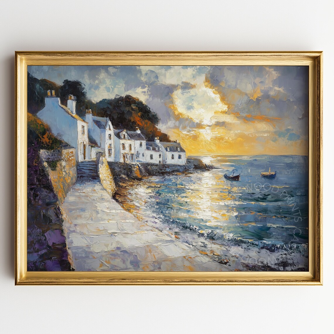 Sunset Cornwall Coastal Village Harbor with Golden Sea Painting Poster