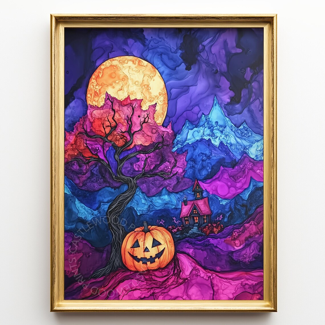 Colorful Halloween Jack O Lantern Haunted House Spooky Moon Poster