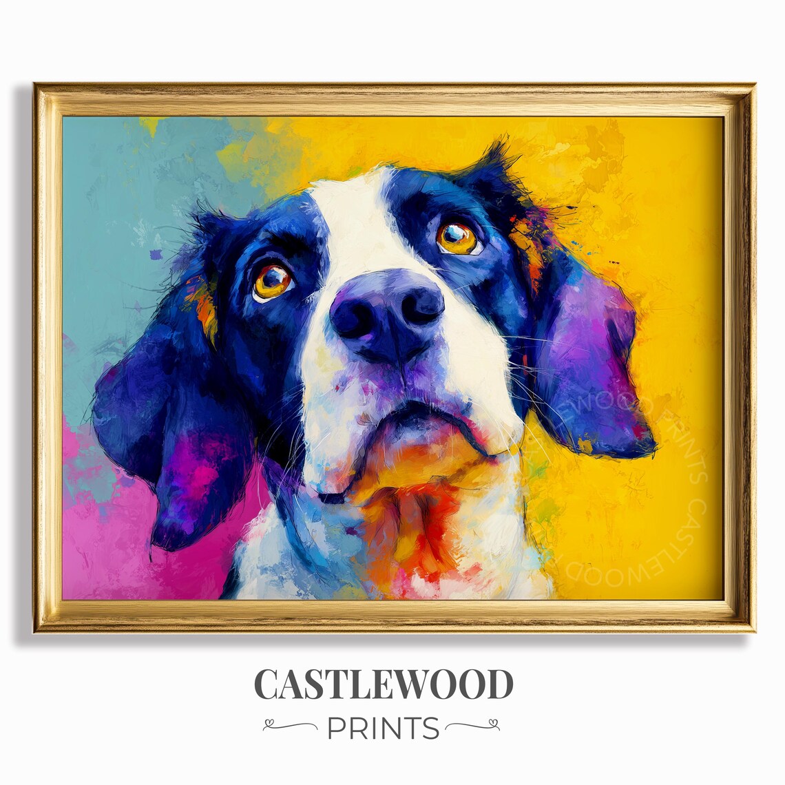 Vibrant Colorful Puppy Portrait on Bright Yellow Pop Art Dog Poster