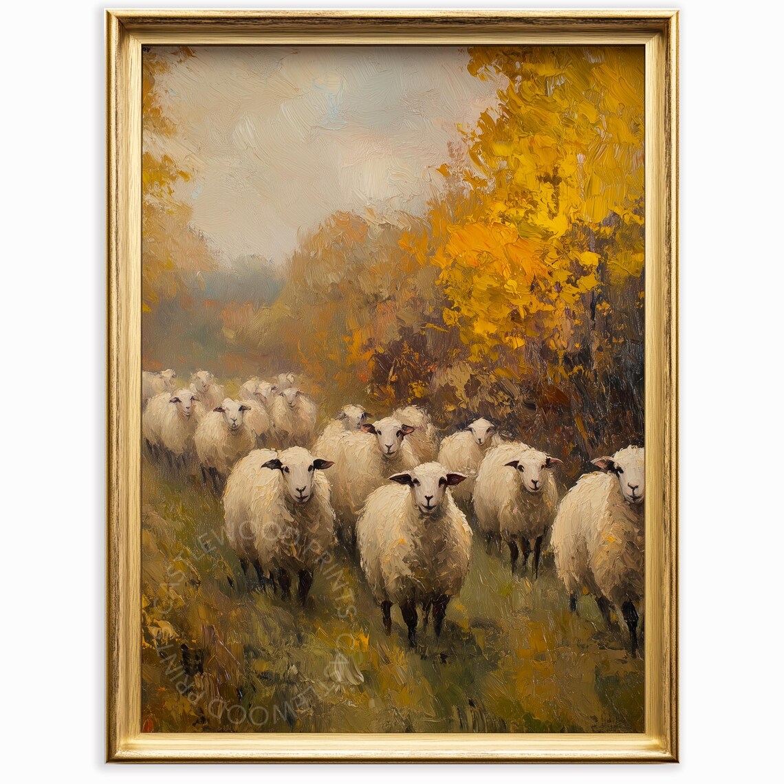 Autumn Sheep Flock Oil Painting Golden Fall Trees Farmhouse Poster