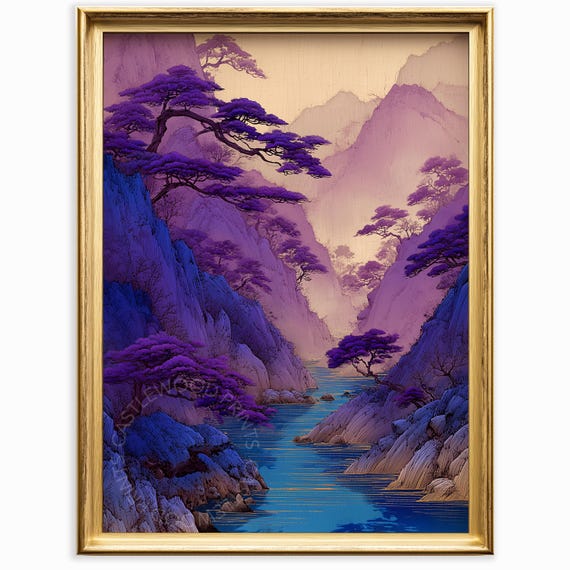 Ancient Landscape Art Vintage Mountains And River Scene Purple Trees Tranquil Nature Decor Wall 944