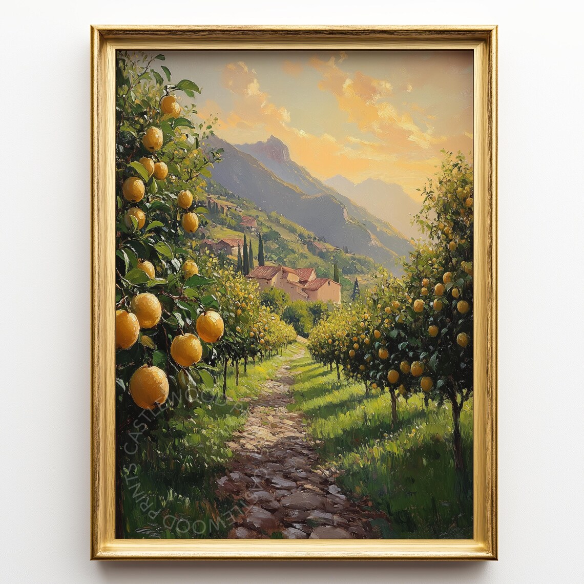 Sunlit Citrus Orchard Path Painting Italian Countryside Mountain Wall Art