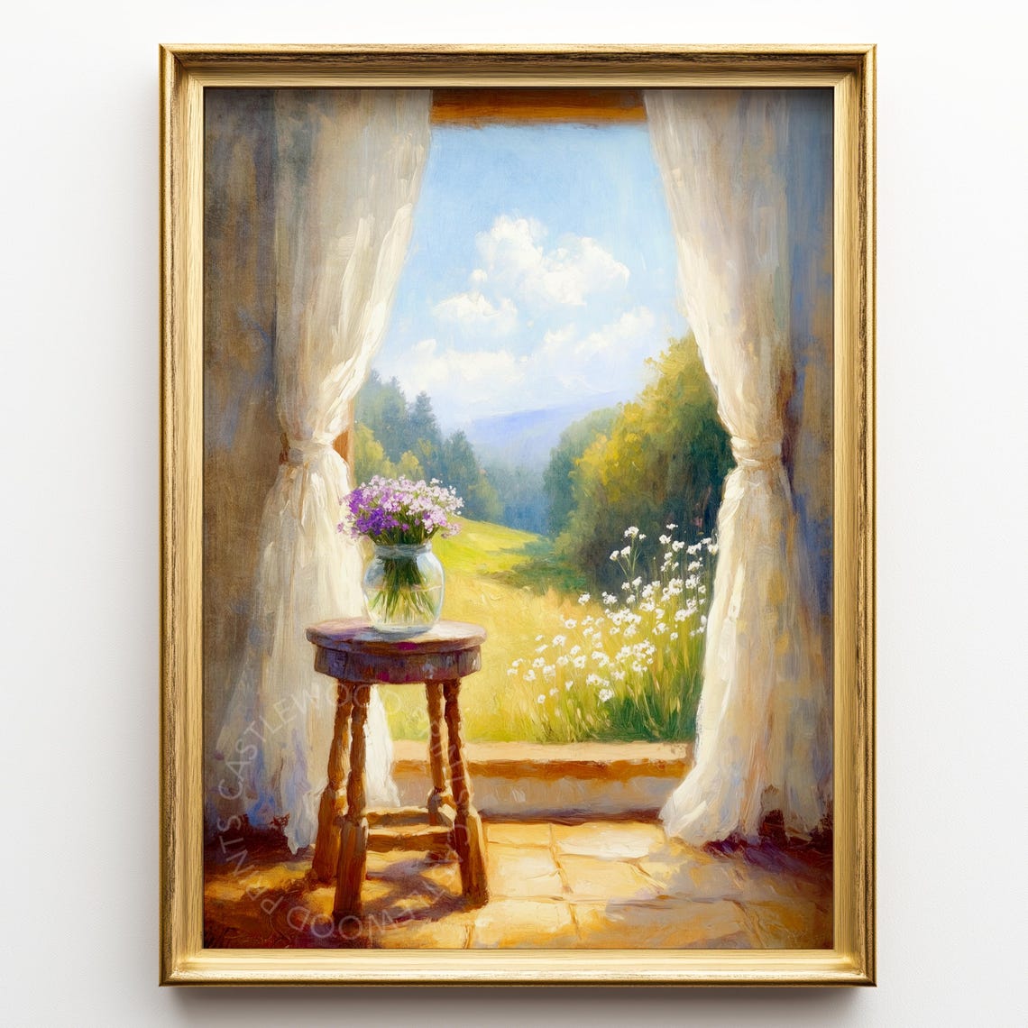 Cottage Window White Curtains Violet Flowers Jar Sunny Fine Art Poster