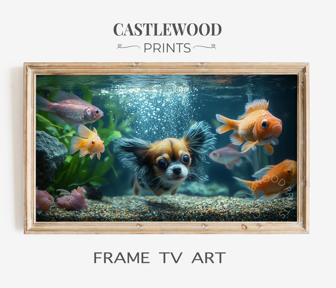 Swimming Puppy With Goldfish Underwater Whimsical Frame TV Wall Art