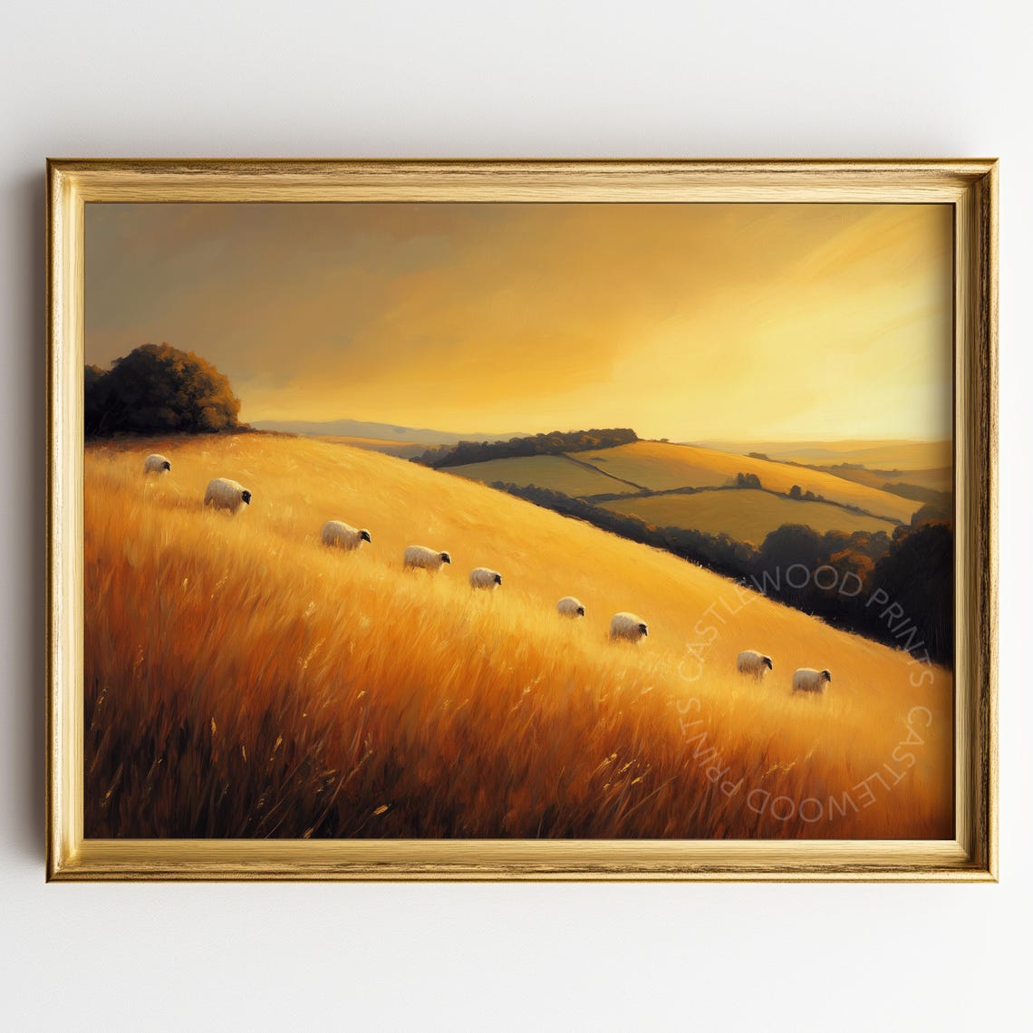 Golden Hillside Sheep Grazing Painting Warm Autumn Pastoral Wall Art