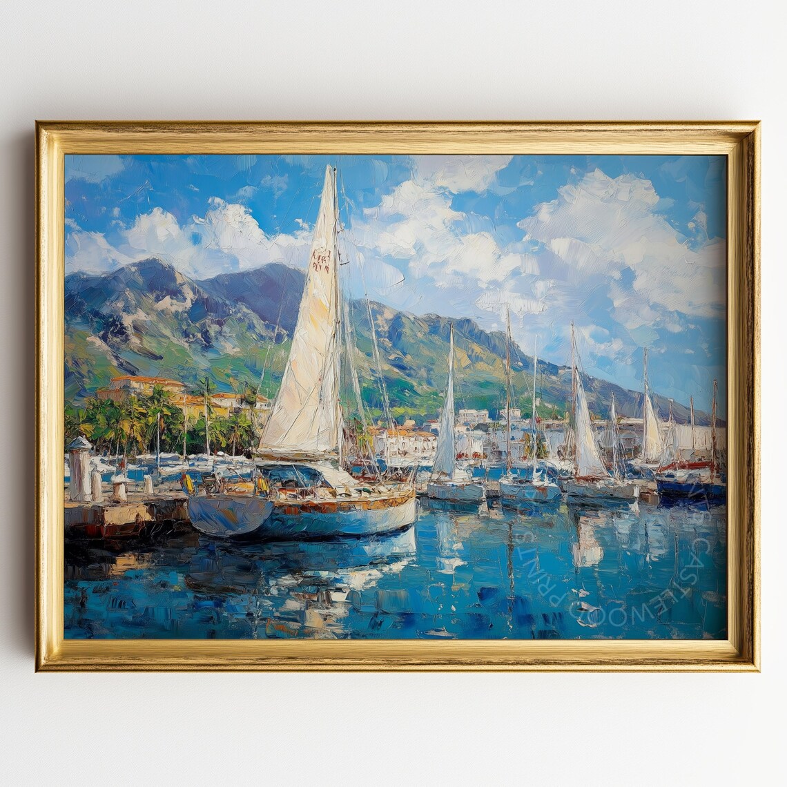 Sailboats In A Sunny Marina Harbor With Mountains Art Poster