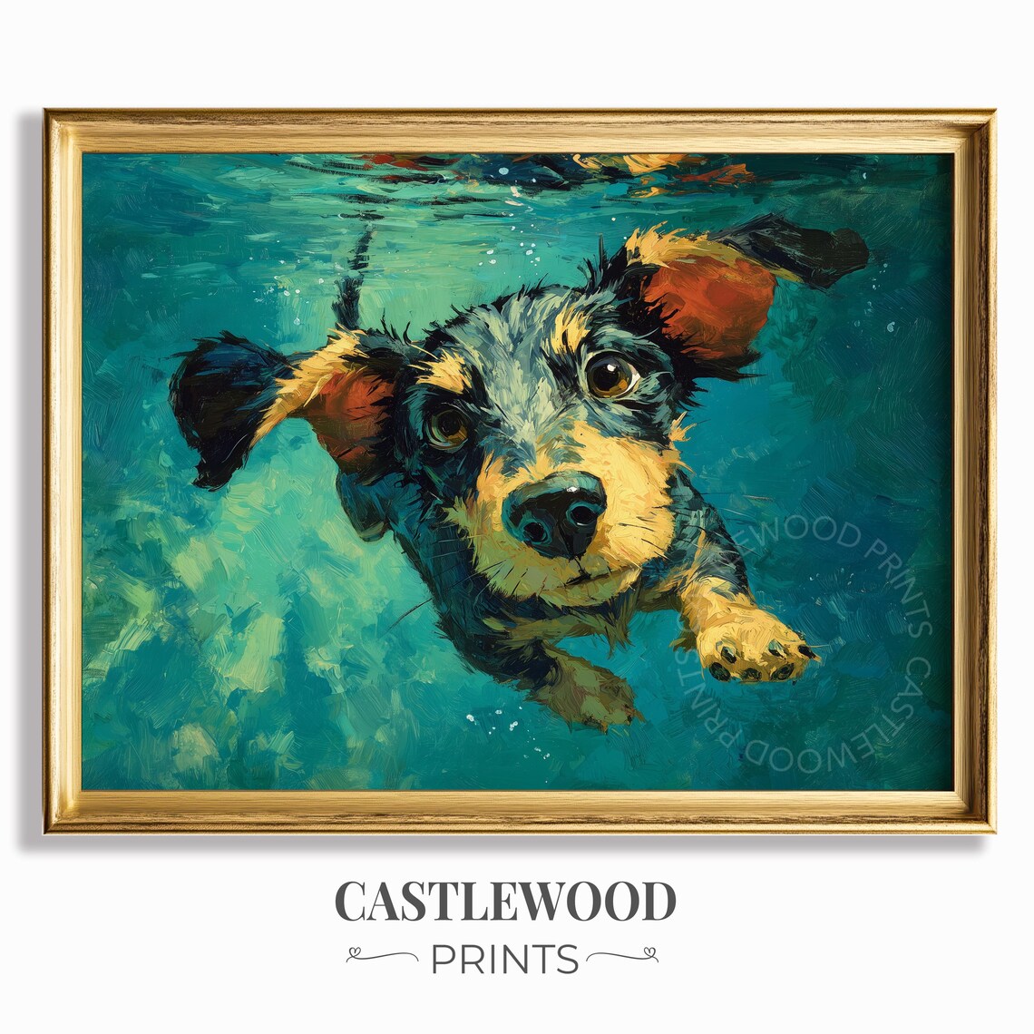 Playful Dachshund Puppy Swimming Underwater Oil Painting Poster