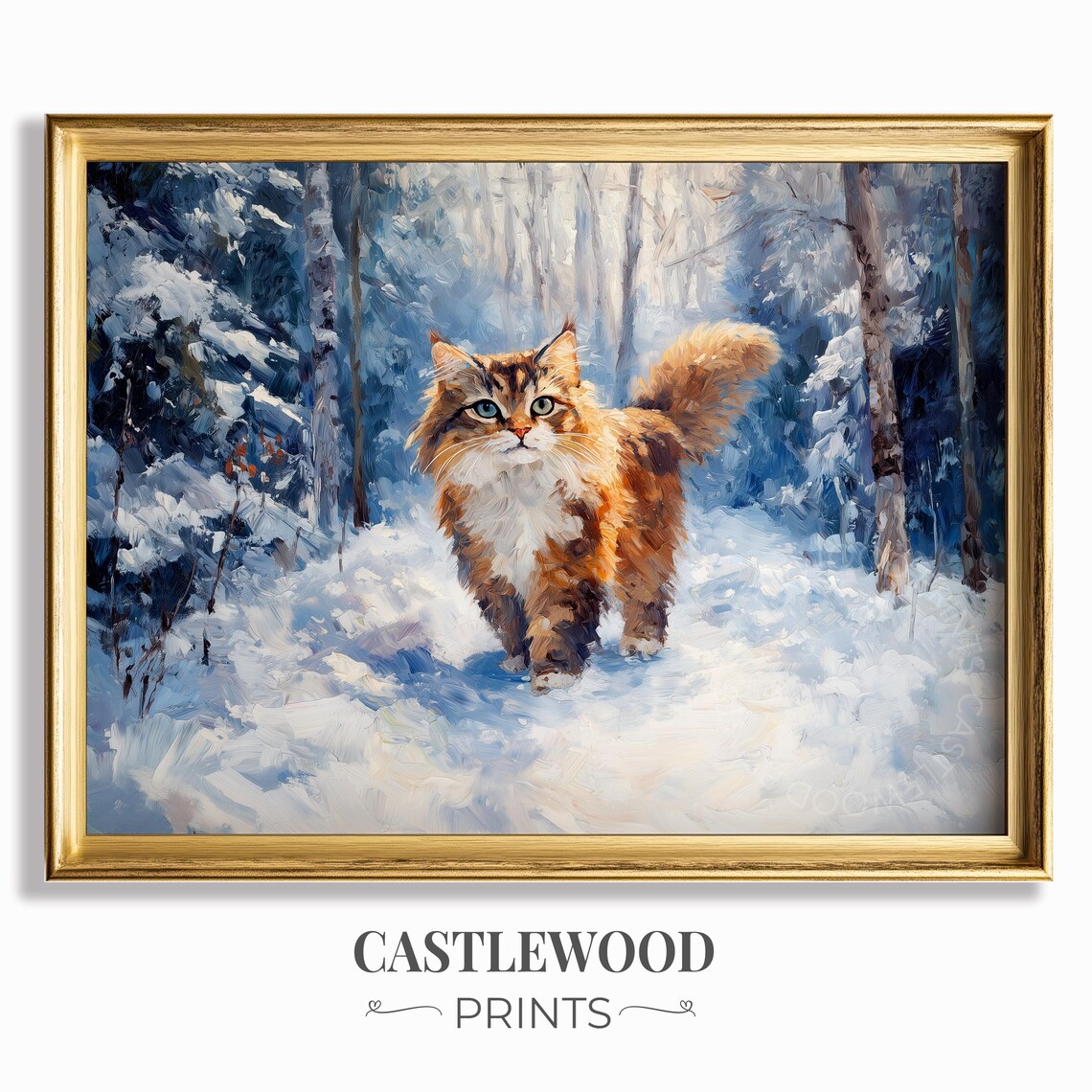 Fluffy Maine Coon Cat Walking Through Snowy Winter Forest Painting Poster