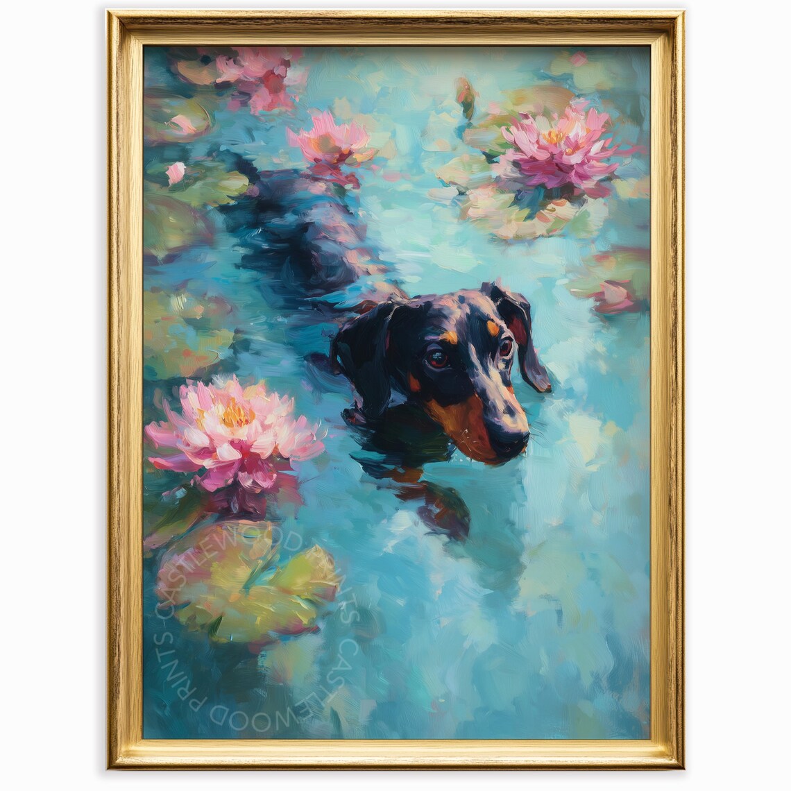 Dachshund Swimming Through Teal Water Among Pink Lilies Monet Style Poster