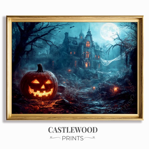Haunted Halloween Night Spooky Pumpkin Moonlit Mansion Scene Vintage Gothic Wall Art Eerie Autumn Decor Print 1089