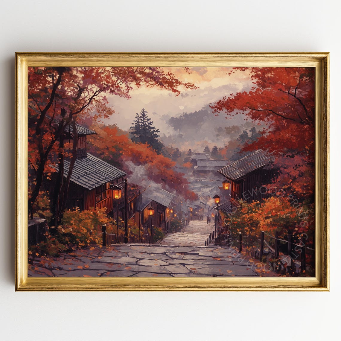 Kyoto Temple Town In Red Autumn Maples With Glowing Lanterns Poster