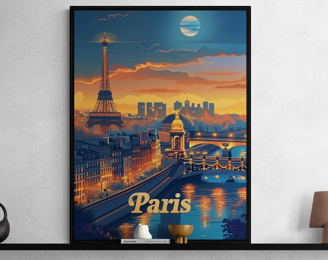Paris Eiffel Tower Dusk Seine River Romantic City Lights Poster