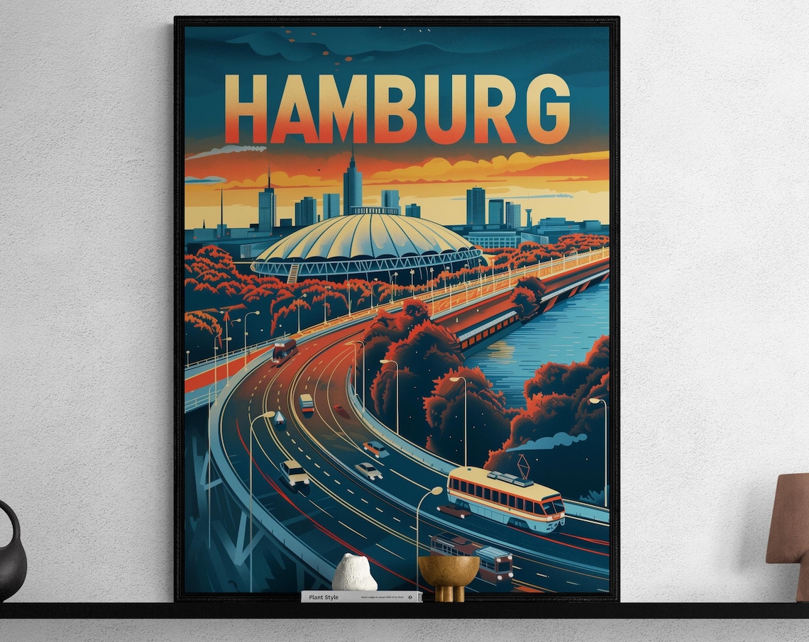 Hamburg City Stadium Sunset Highway Skyline Retro Travel Poster