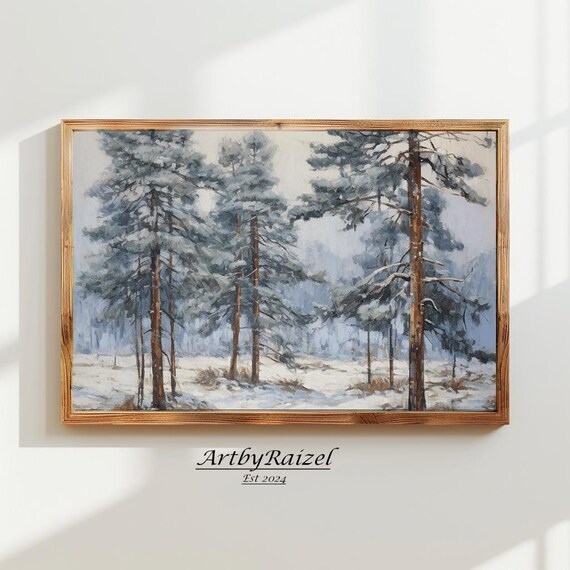 Tall Snowy Pine Trees Quiet Winter Forest Painting Art Poster