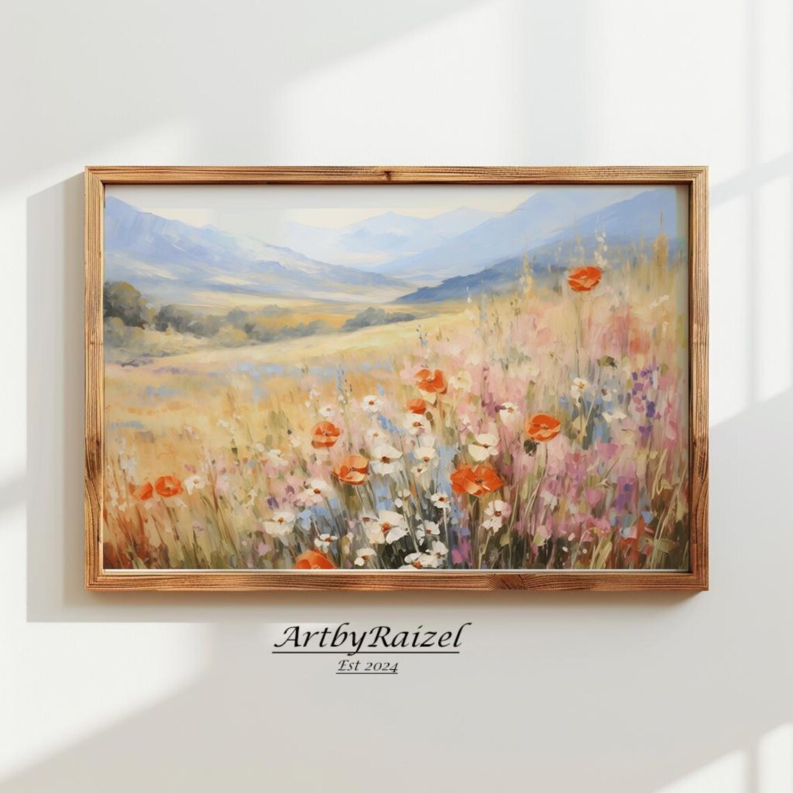 Pastel Wildflower Meadow Golden Valley Mountain Scenery Poster