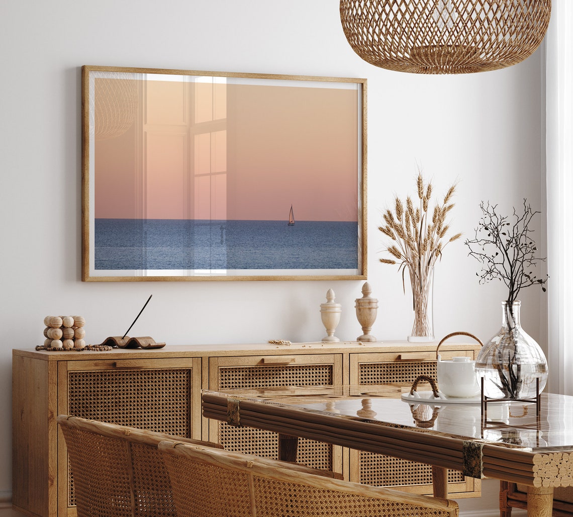 Minimalist Ocean Sunset Lone Sailboat Pink Sky Serene Seascape Poster - Image 4
