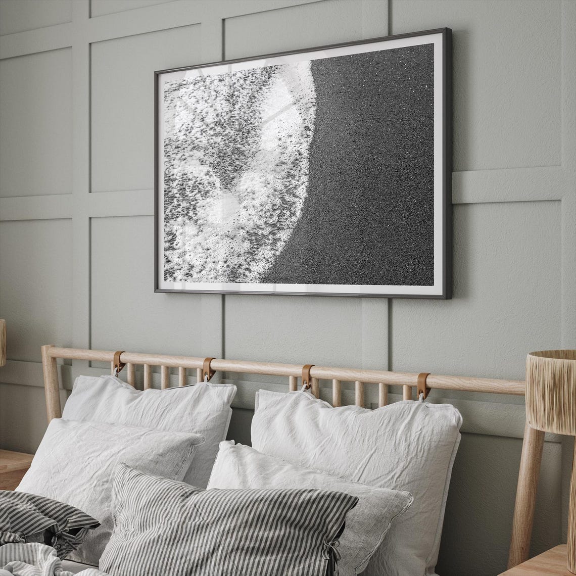 Black And White Ocean Wave Foam On Dark Sand Beach Minimalist Poster - Image 4