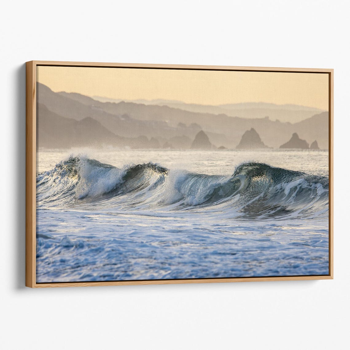 Golden Sunset Ocean Wave Rolling Surf Sea Stacks Silhouette Poster