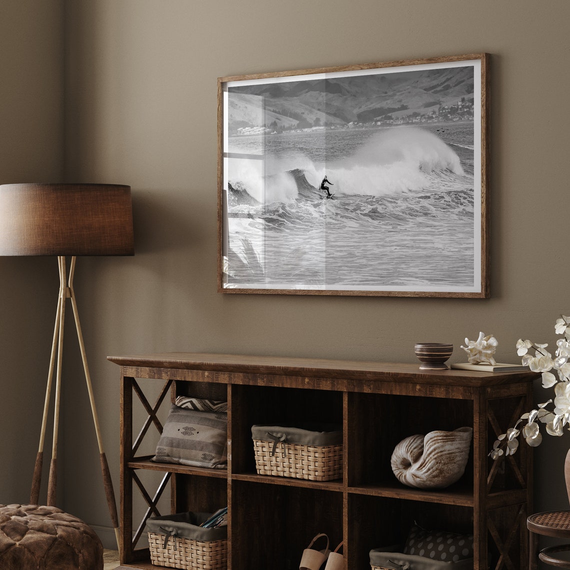 Black And White Surfer Riding Wave Surf Action Ocean Photo Poster - Image 2