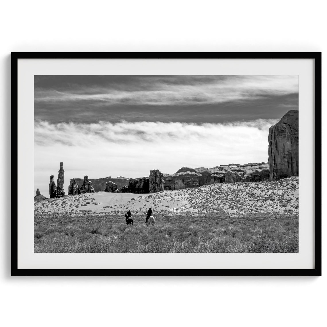 Desert Horseback Riders Black White Western Mesas Trail View Poster - Image 5