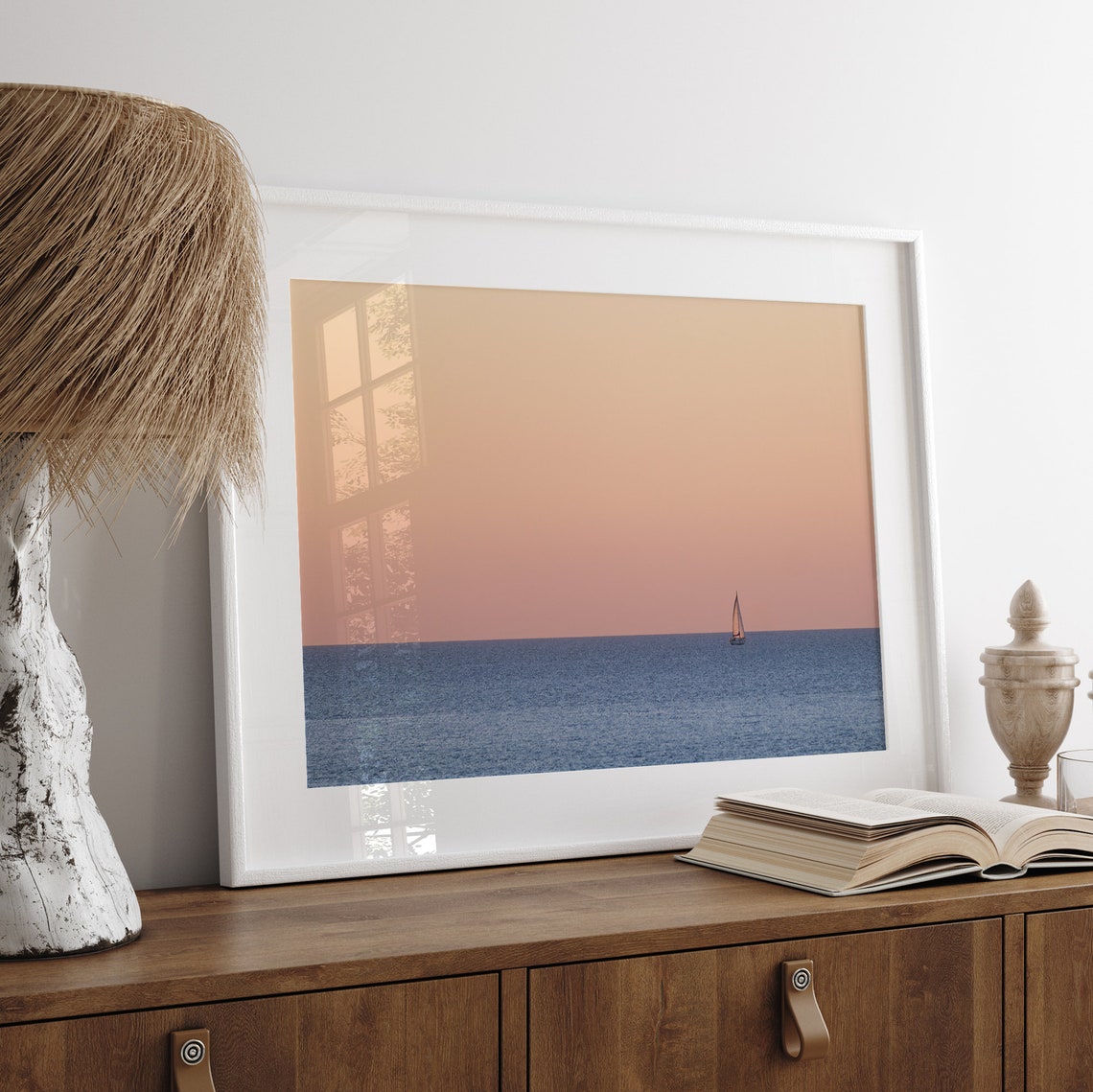 Minimalist Ocean Sunset Lone Sailboat Pink Sky Serene Seascape Poster - Image 5