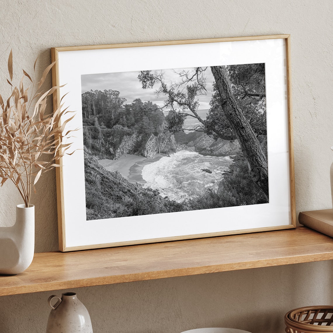 McWay Falls Big Sur Waterfall Cove Cliff Black And White Coast Poster - Image 2