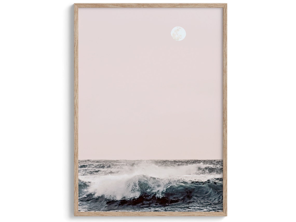 Blush Pink Ocean Waves Full Moon Minimalist Coastal Beach Poster - Image 2