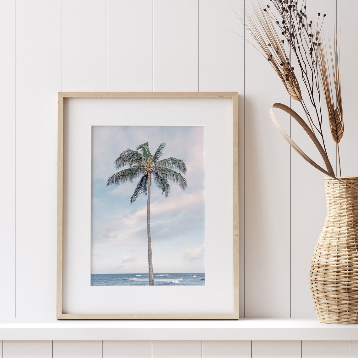 Palm Tree Over Ocean Surf Soft Pastel Sky Coastal Beach Travel Poster - Image 2