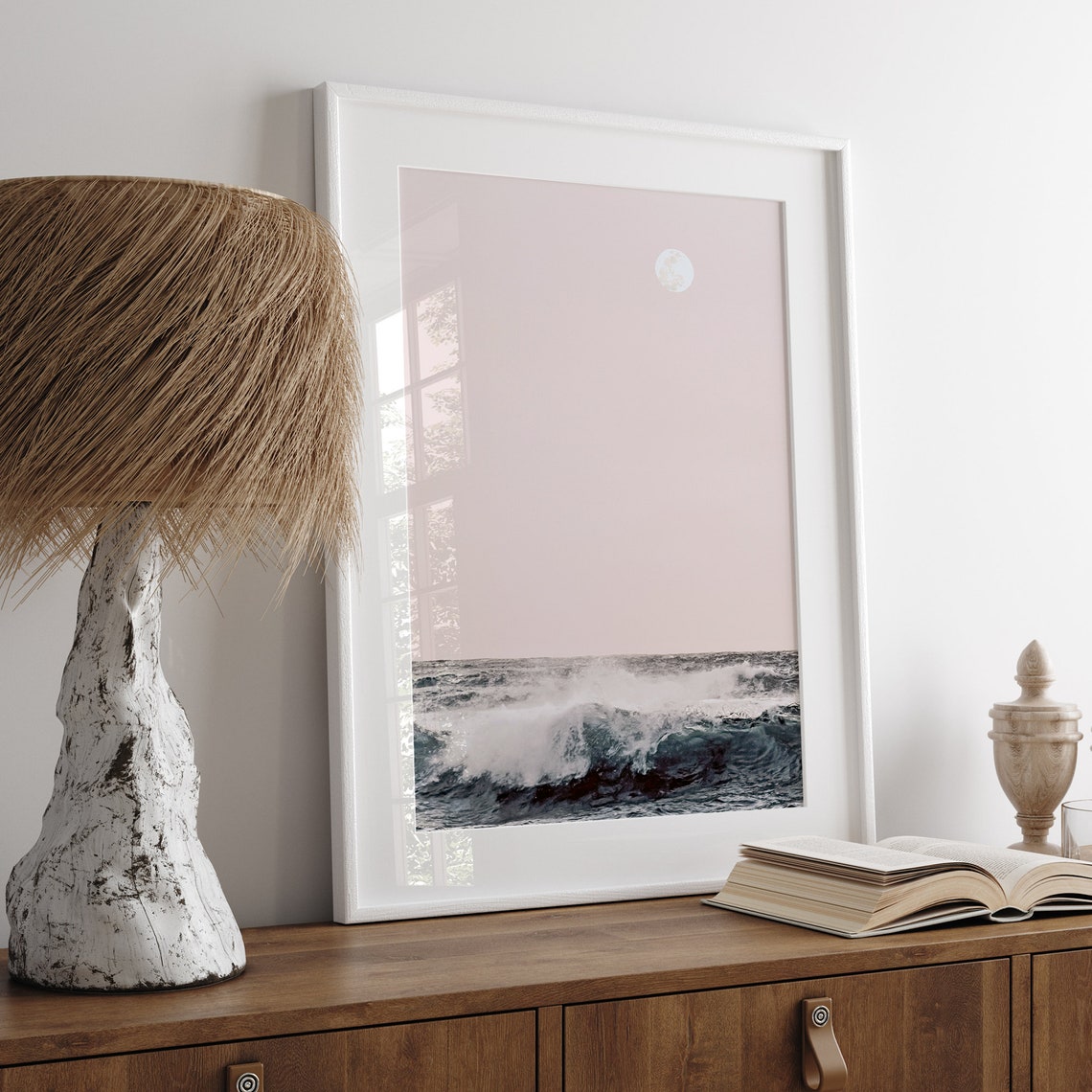 Blush Pink Ocean Waves Full Moon Minimalist Coastal Beach Poster - Image 5
