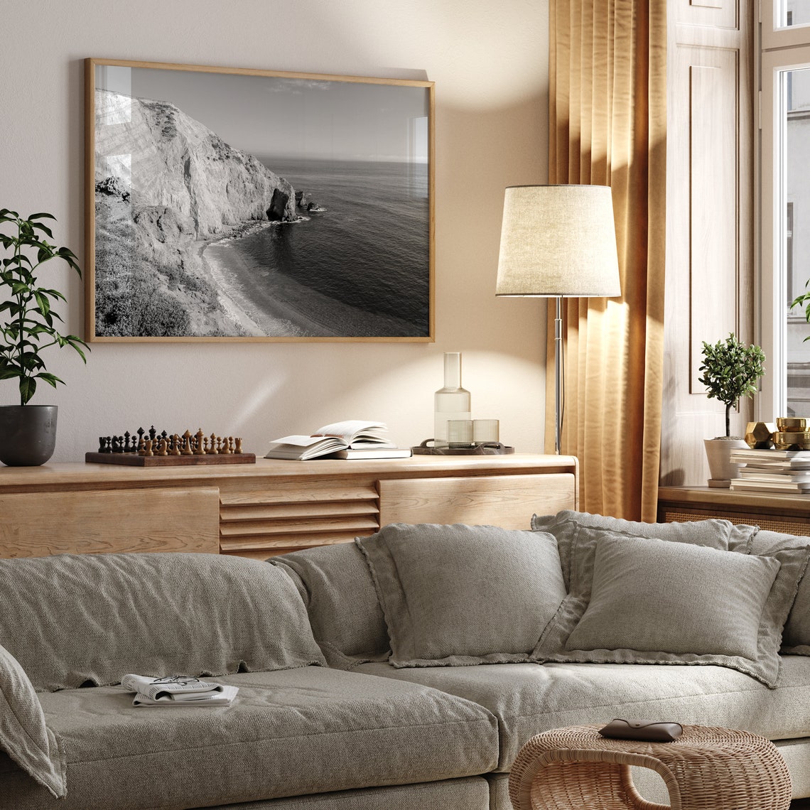 California Coast Cliffs Dramatic Beach Bluffs Black White Ocean Poster - Image 5