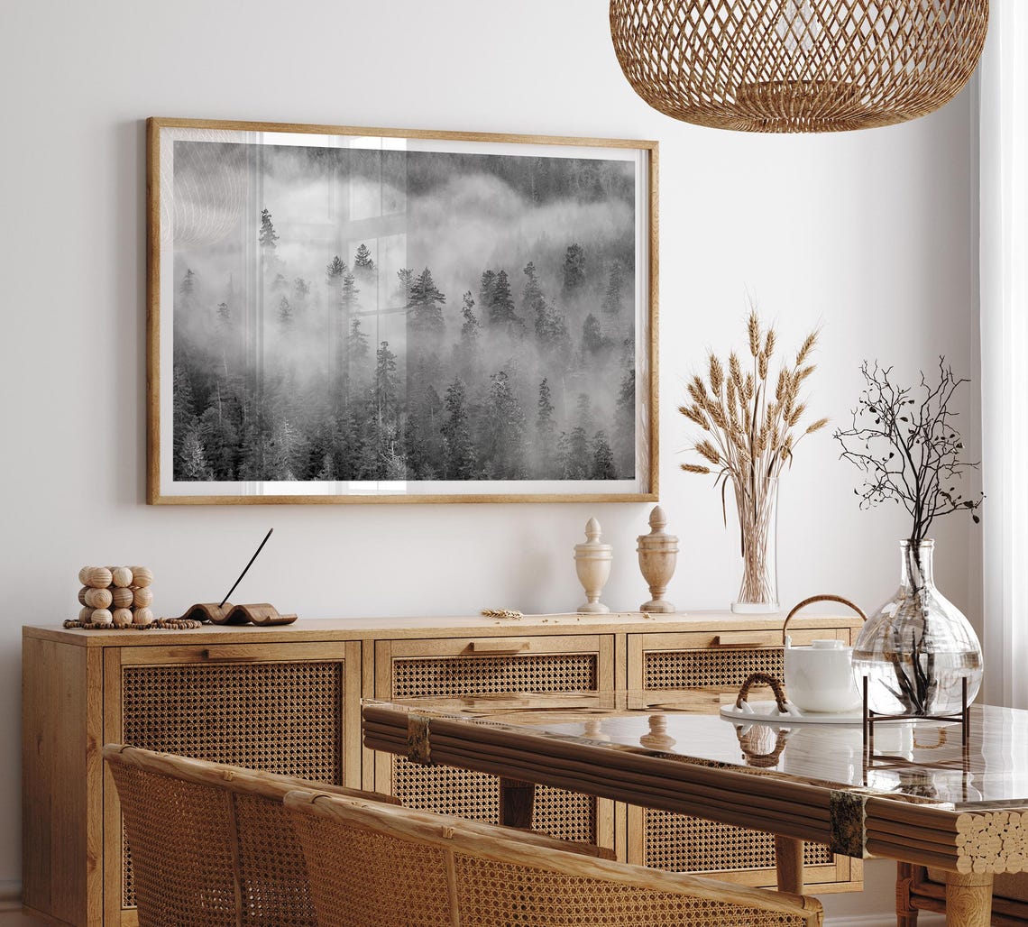 Black And White Foggy Pine Forest Misty Treetops Moody Nature Poster - Image 3