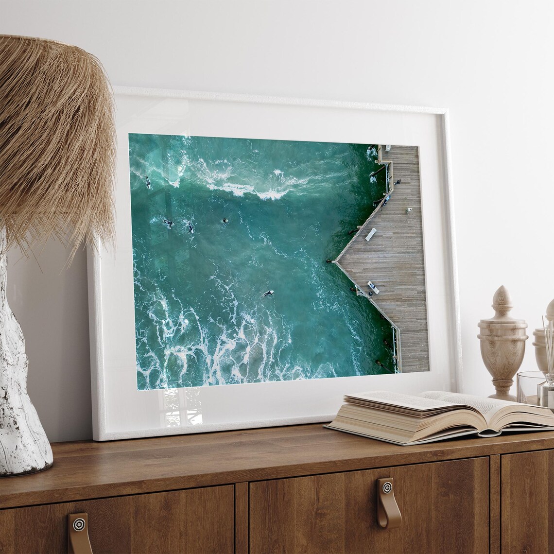 Aerial Surfers Turquoise Ocean Wooden Pier Pismo Beach Drone Poster - Image 2