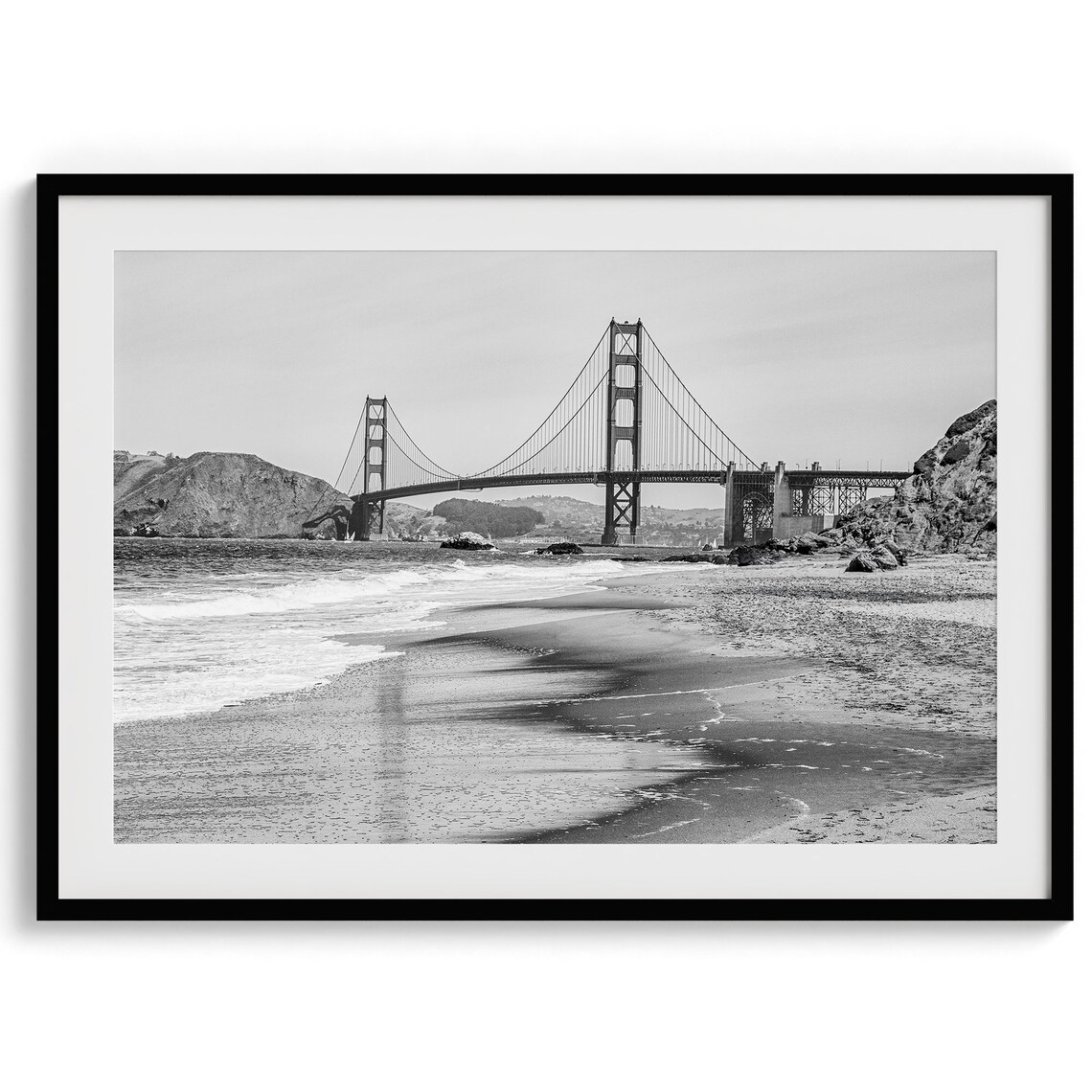 Golden Gate Bridge Reflection, Black And White Travel Poster