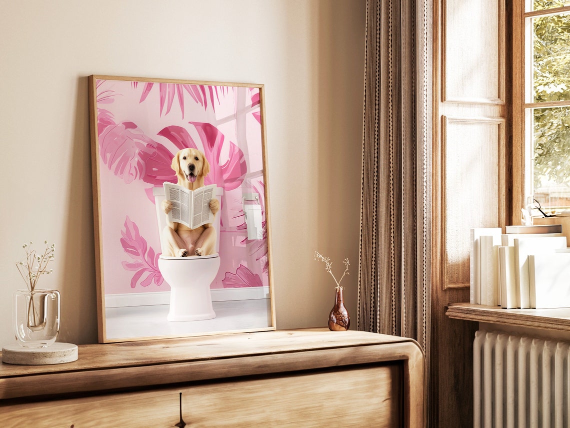 Golden Labrador Retriever On Toilet Bathroom Print Dog On Toilet Print Funny Dog Poster Toilet Wall Art Funny Bathroom Decor Labrador Art - Image 4