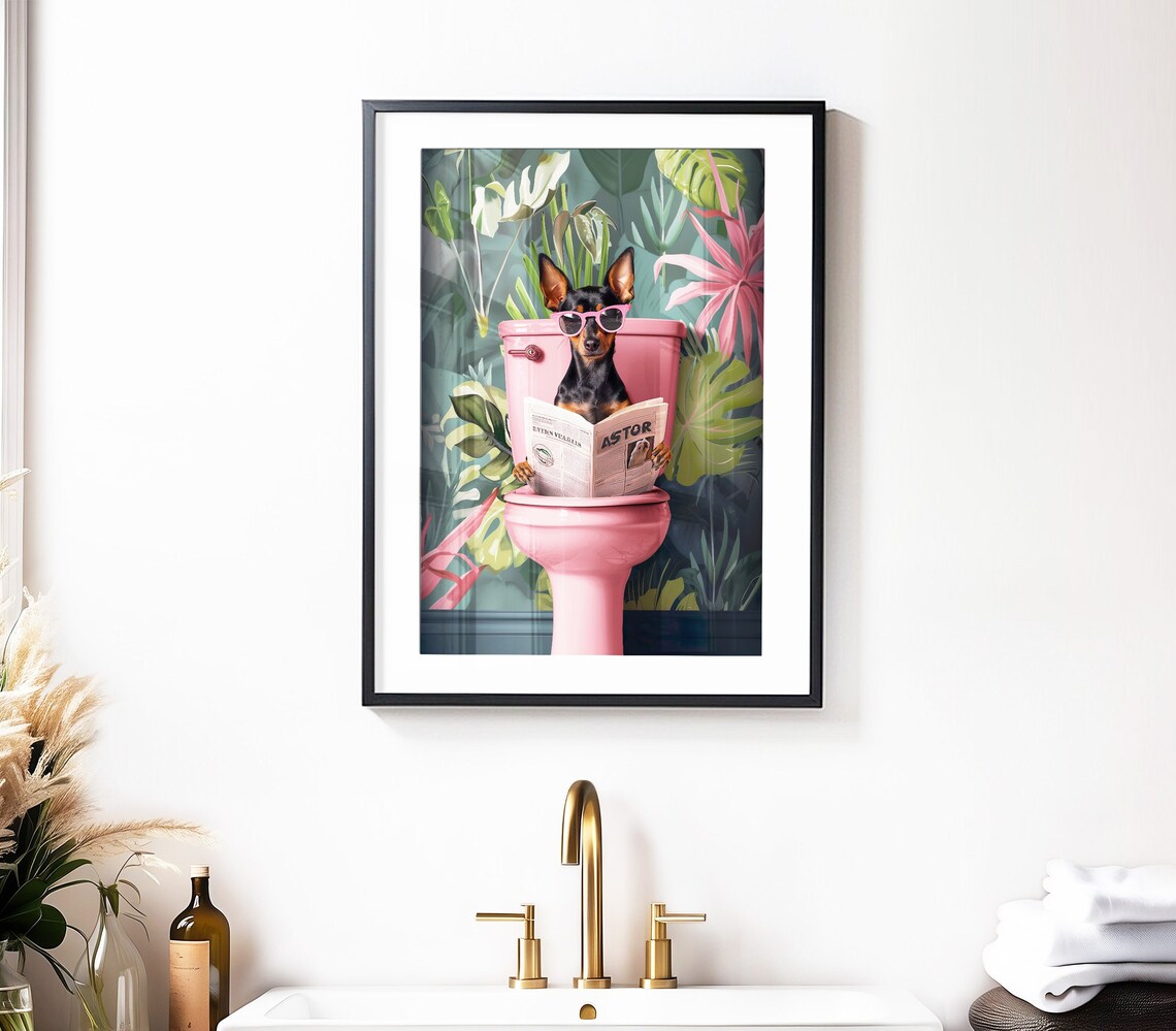 Miniature Pinscher Reading On Toilet Funny Bathroom Art Print - Image 5