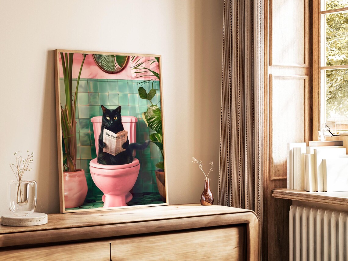 Bathroom Cat Reading on Toilet Funny Bathroom Art - Image 4