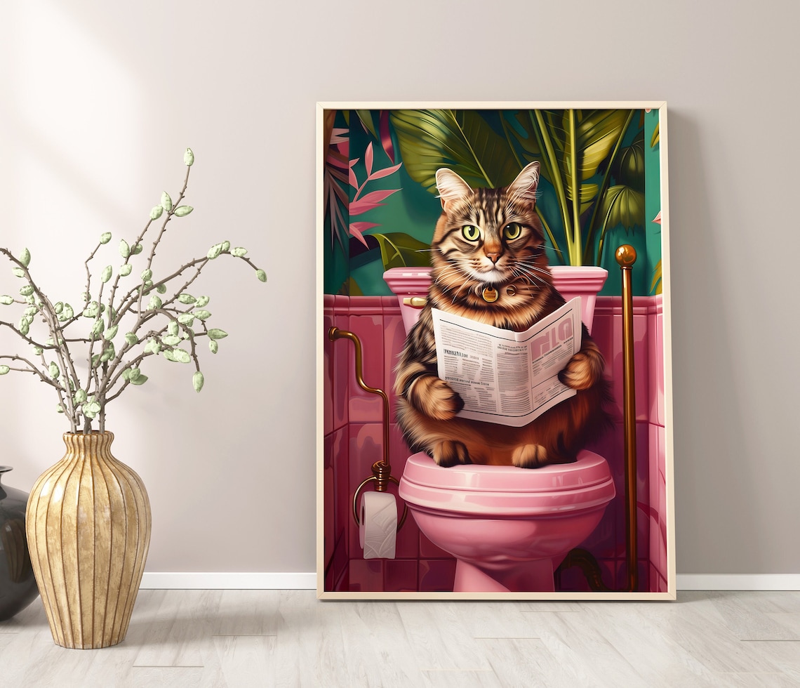 Bathroom Domestic Cat Funny Poster, Toilet Wall Art