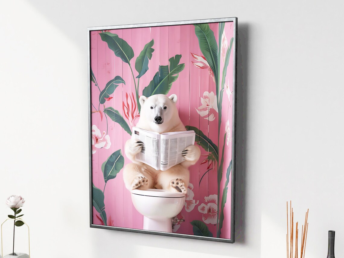 Funny Polar Bear Poster of a Bear Reading the Paper on a Pink Floral Toilet - Image 5