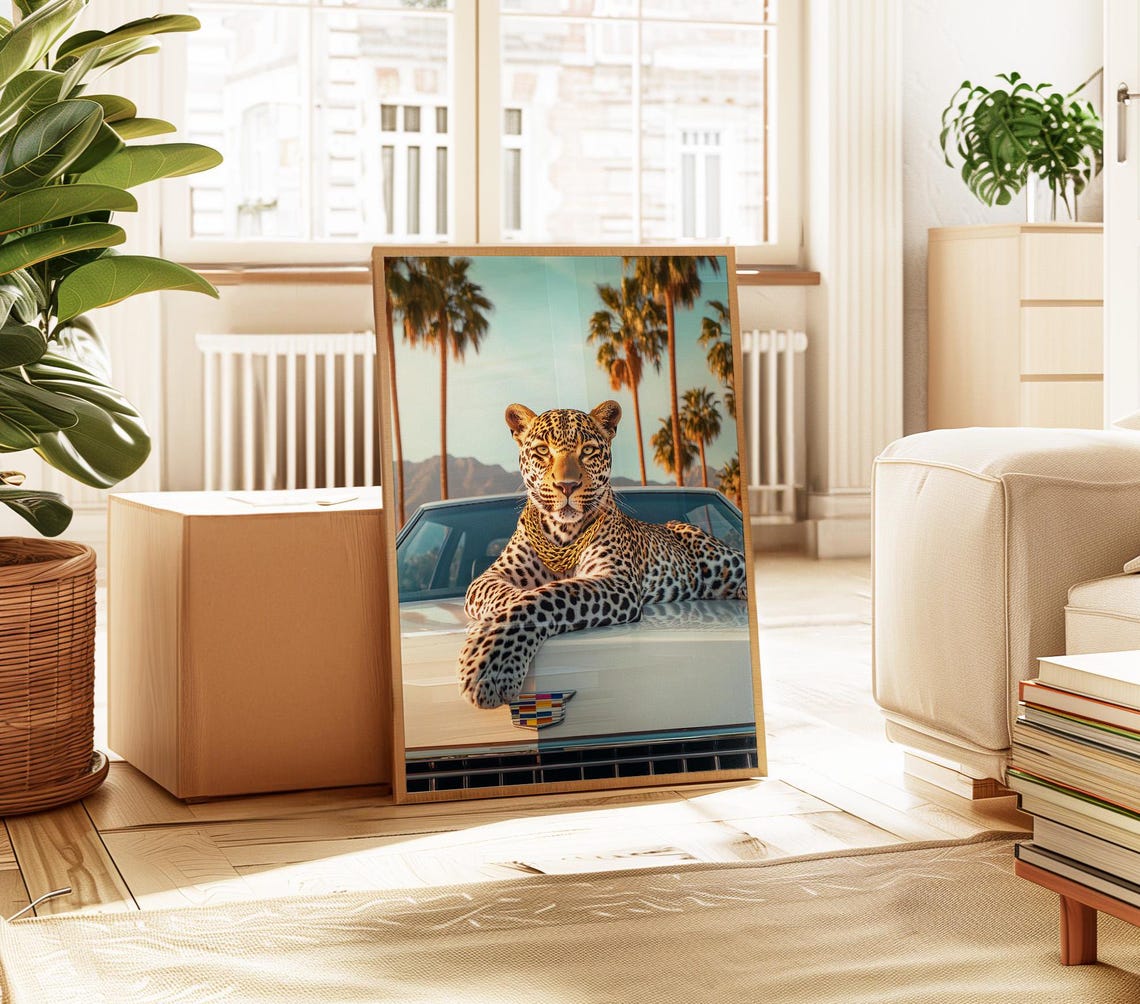 Leopard With Gold Chain On White Cadillac Classic Car Poster - Image 4