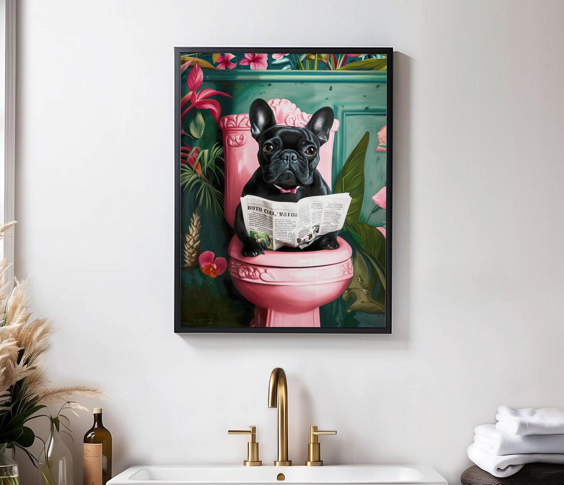 Black French Bulldog Reading On Toilet Print Toilet Wall Art Funny Dog Print Bathroom Wall Art Dog On Toilet Poster Funny Bathroom Decor - Image 4
