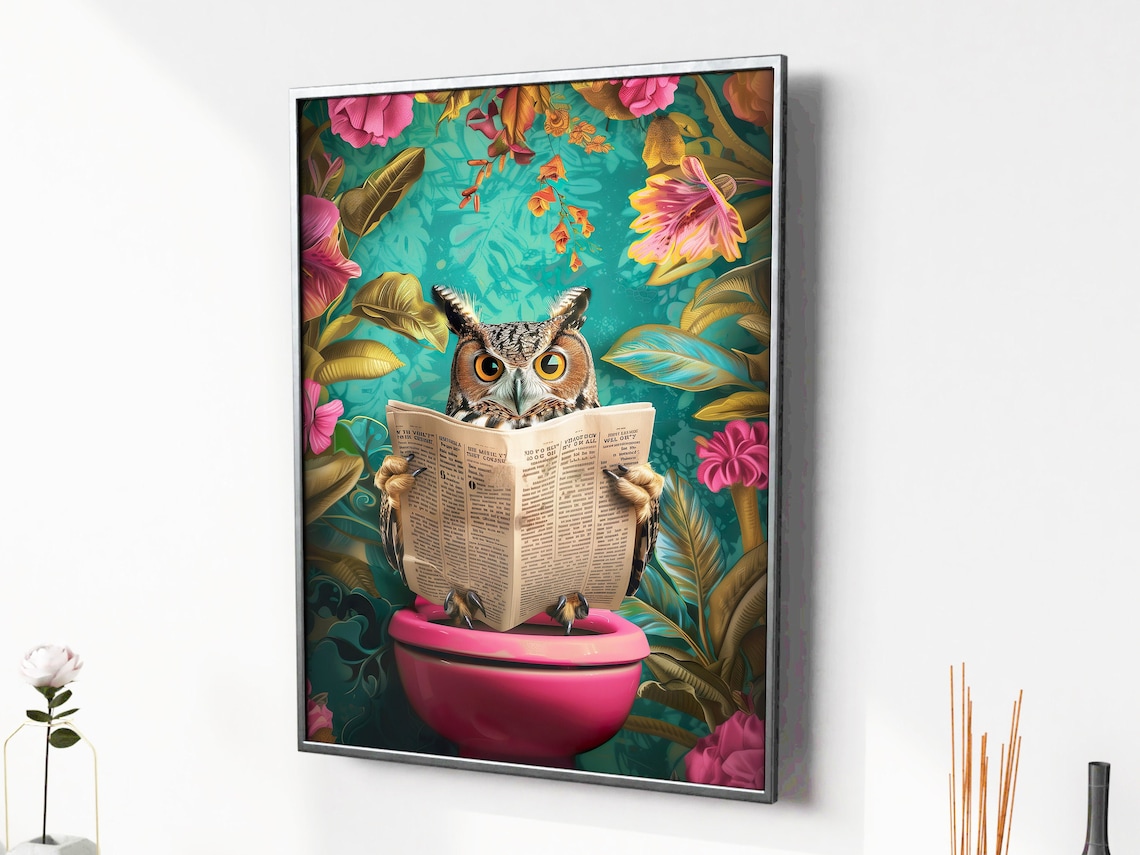 Owl Sitting On Toilet Reading Newspaper Art Print