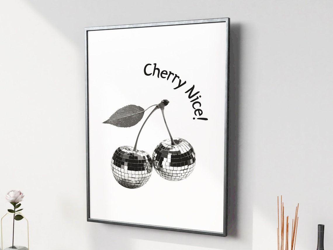 Cherry Nice Black White Disco Ball Cherries Minimalist Poster - Image 5