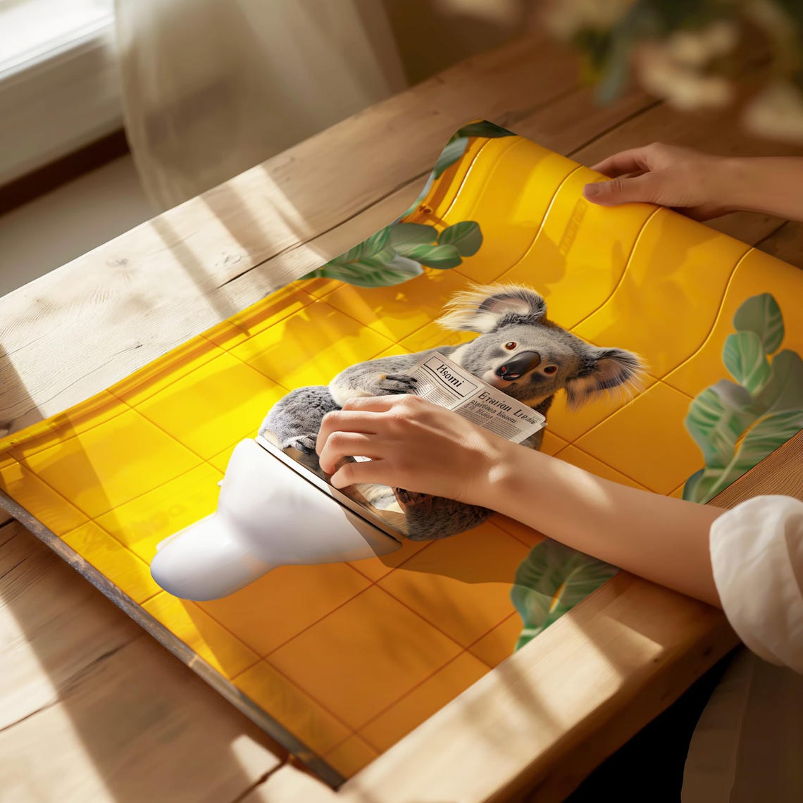 Koala Reading Newspaper On Toilet Yellow Tile Bathroom Poster - Image 4