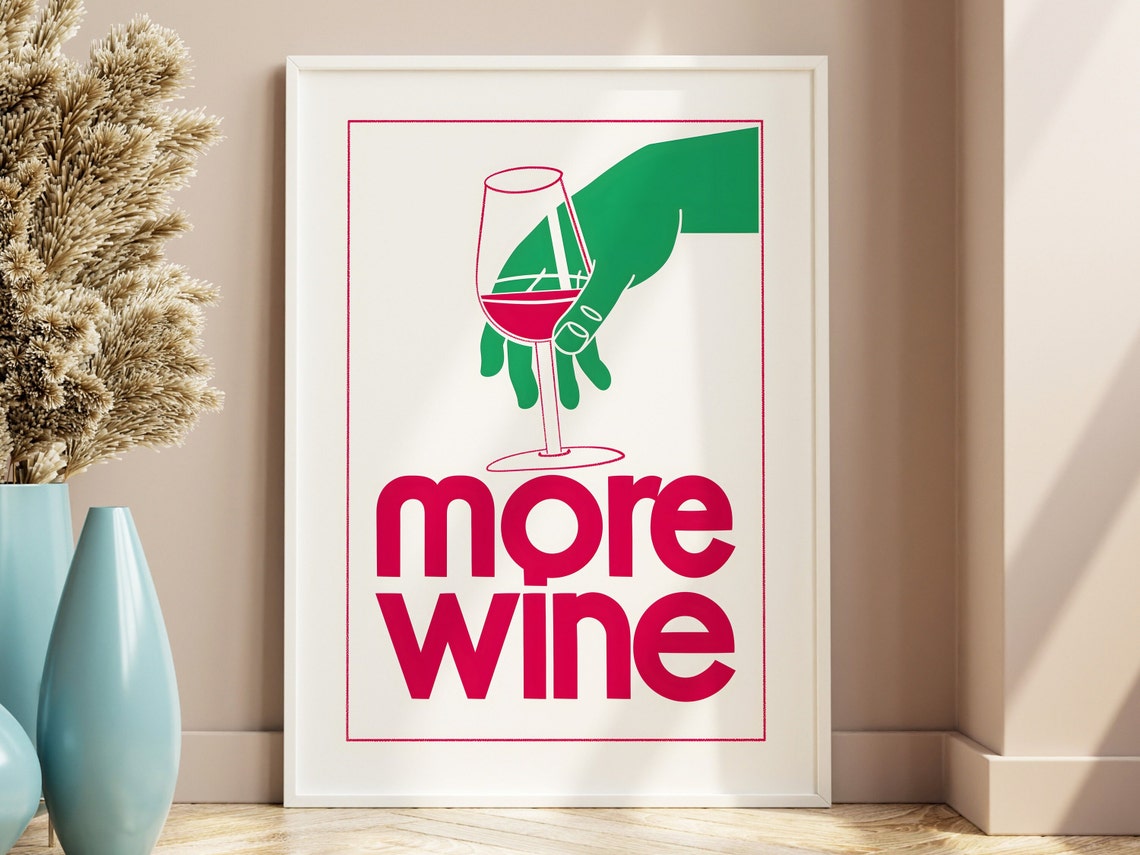 More Wine Minimalist Line Art Green Hand Glass Modern Bar Cart Poster - Image 4