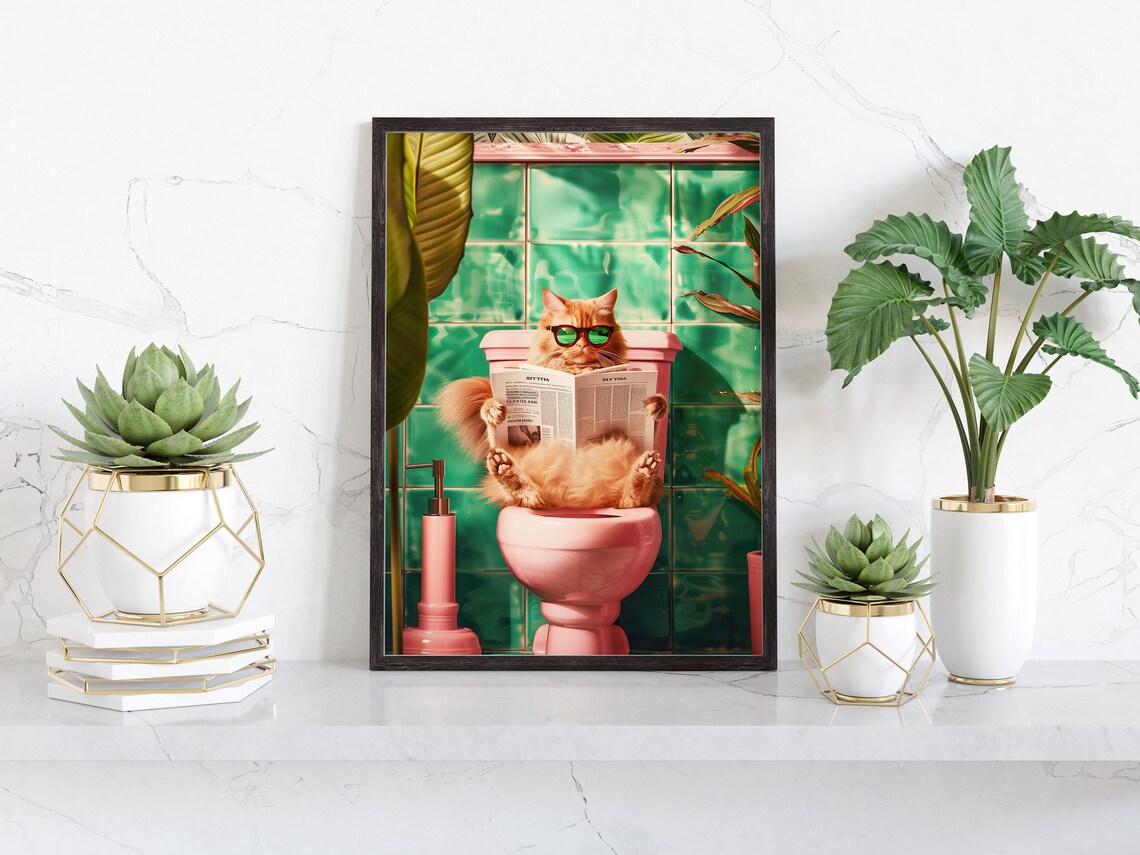 Funny Cat Reading Newspaper on Toilet Pink Bathroom Humor Poster - Image 3