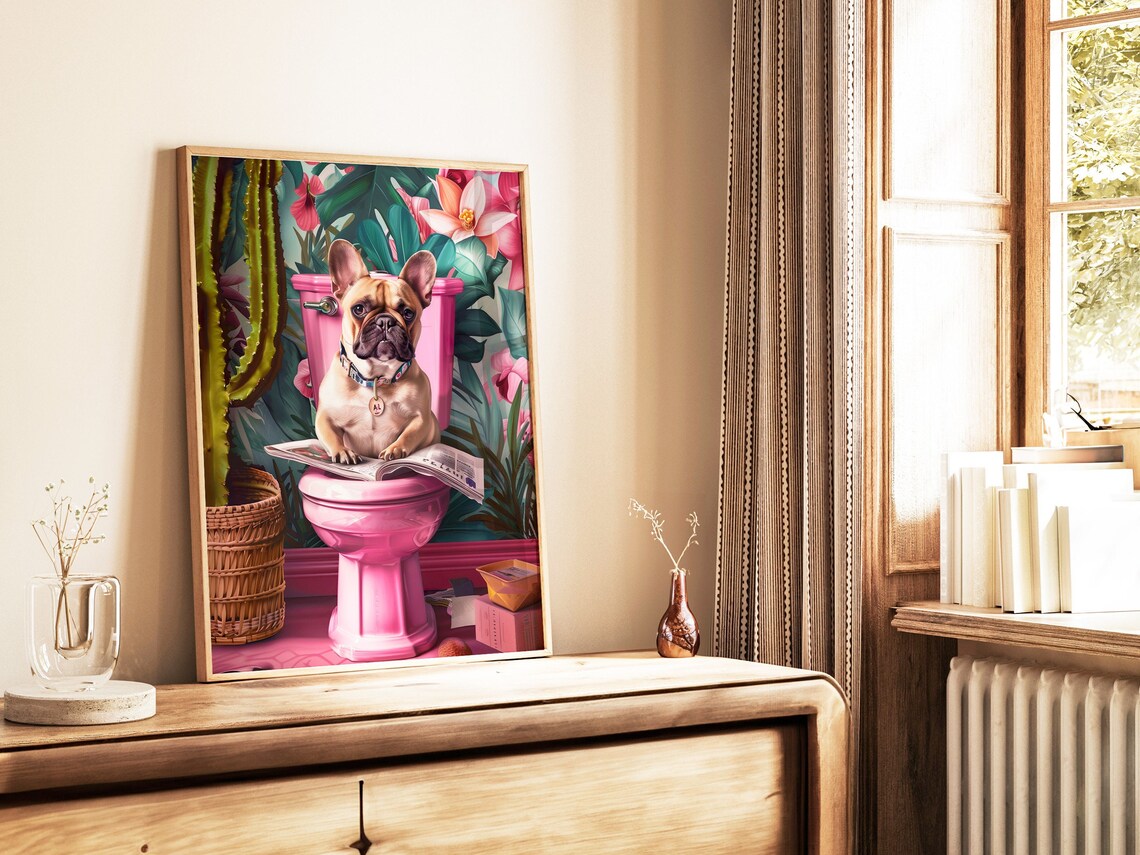 French Bulldog Puppy On Pink Toilet With Tropical Leaves Poster - Image 3