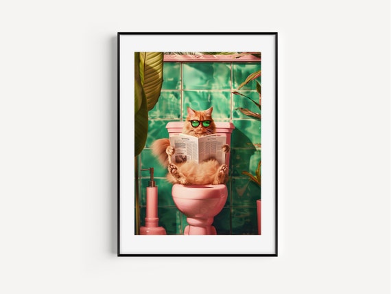 Funny Cat Toilet Bathroom Wall Art Print