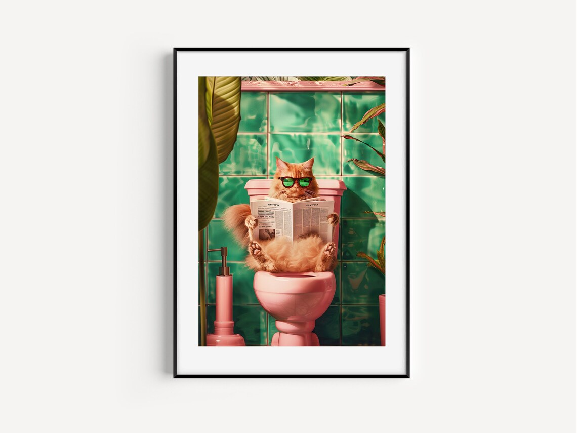 Funny Cat Toilet Bathroom Wall Art Print