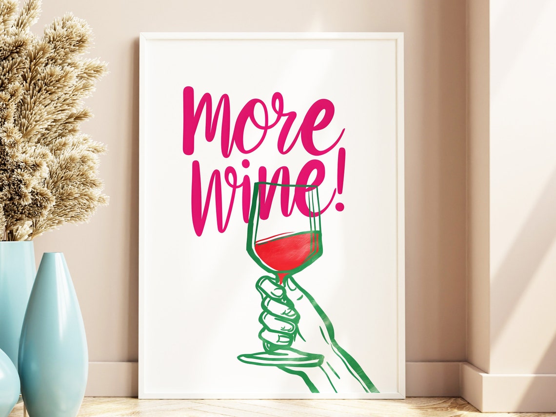 More Wine Pink Retro Script Hand Wine Glass Bar Cart Decor Poster - Image 4