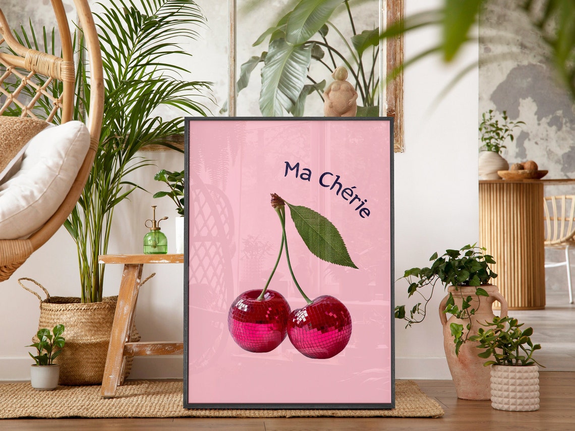 Pink Disco Ball Cherries Ma Cherie French Aesthetic Retro Poster - Image 3